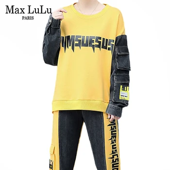 

Max LuLu 2020 Korean Fashion Spring Ladies Printed Tops And Harem Pants Womens Casual Tracksuits Denim Patchwork Two Pieces Sets