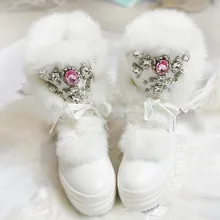 Зимние ботинки из настоящего кроличьего меха зимние модные сапоги со стразами и камнями дамская плотная теплая высокая обувь зимние сапоги больших размеров 41