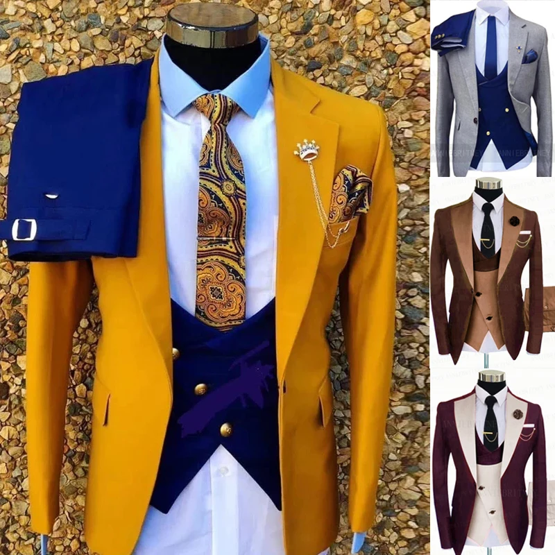 Fashion Wedding Suit For Men Gray Coat Blue Vest Pant Made Plus Size Man Formal Tuxedo trajes de hombre costume homme 턱시도