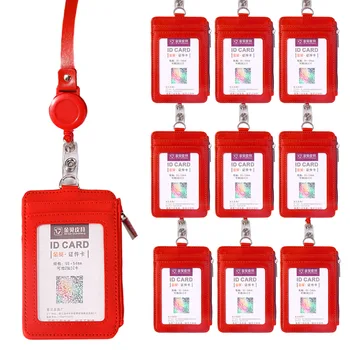 

10pcs Multi-functional PU Leather Badge Holder ID Badge Card Protector Case Cover Wallet with 5 Card Slots Zipper Pocket Red