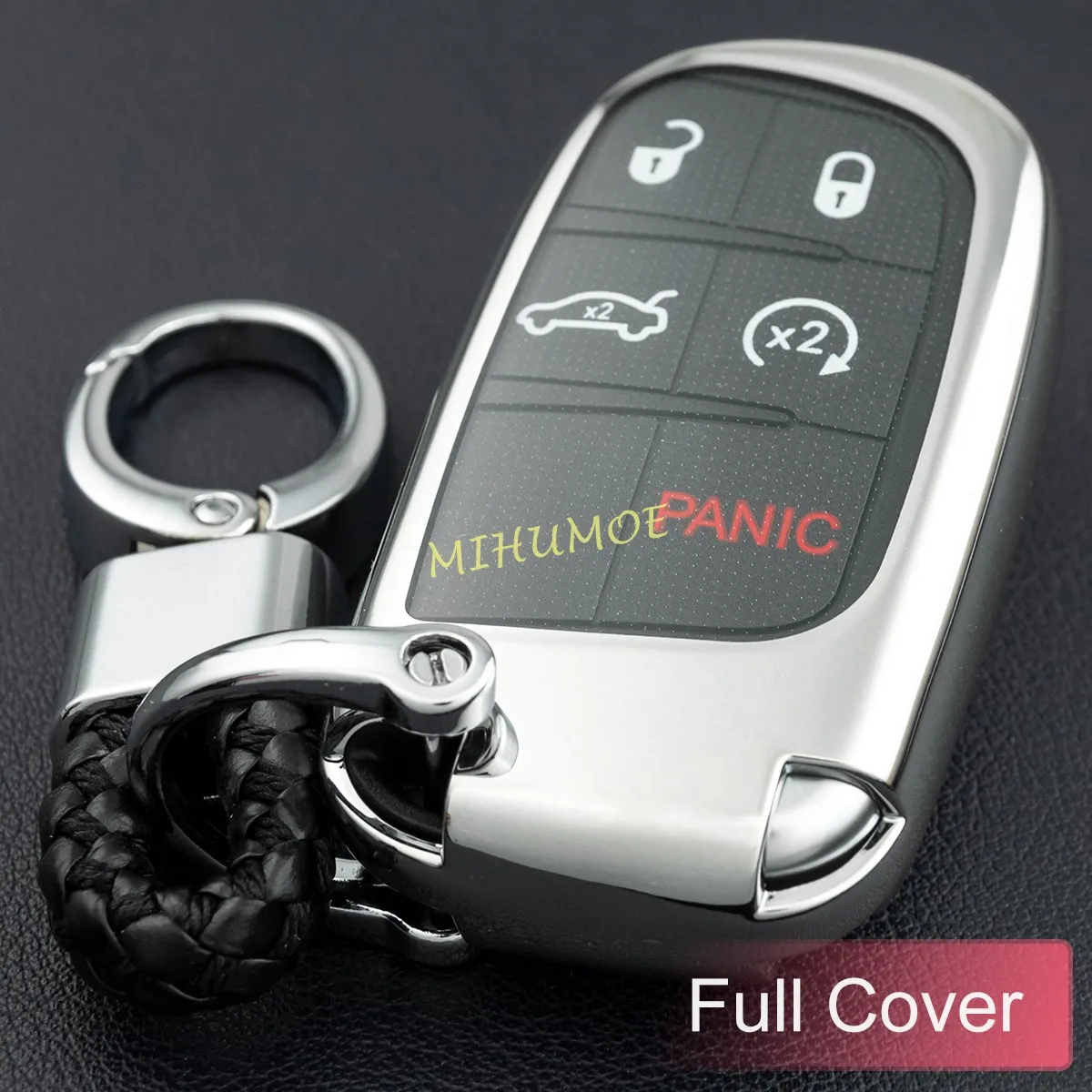 Fit for Jeep Dodge Chrysler Car Key Cover Case Ring Fob Chain Carbon Fiber Black 