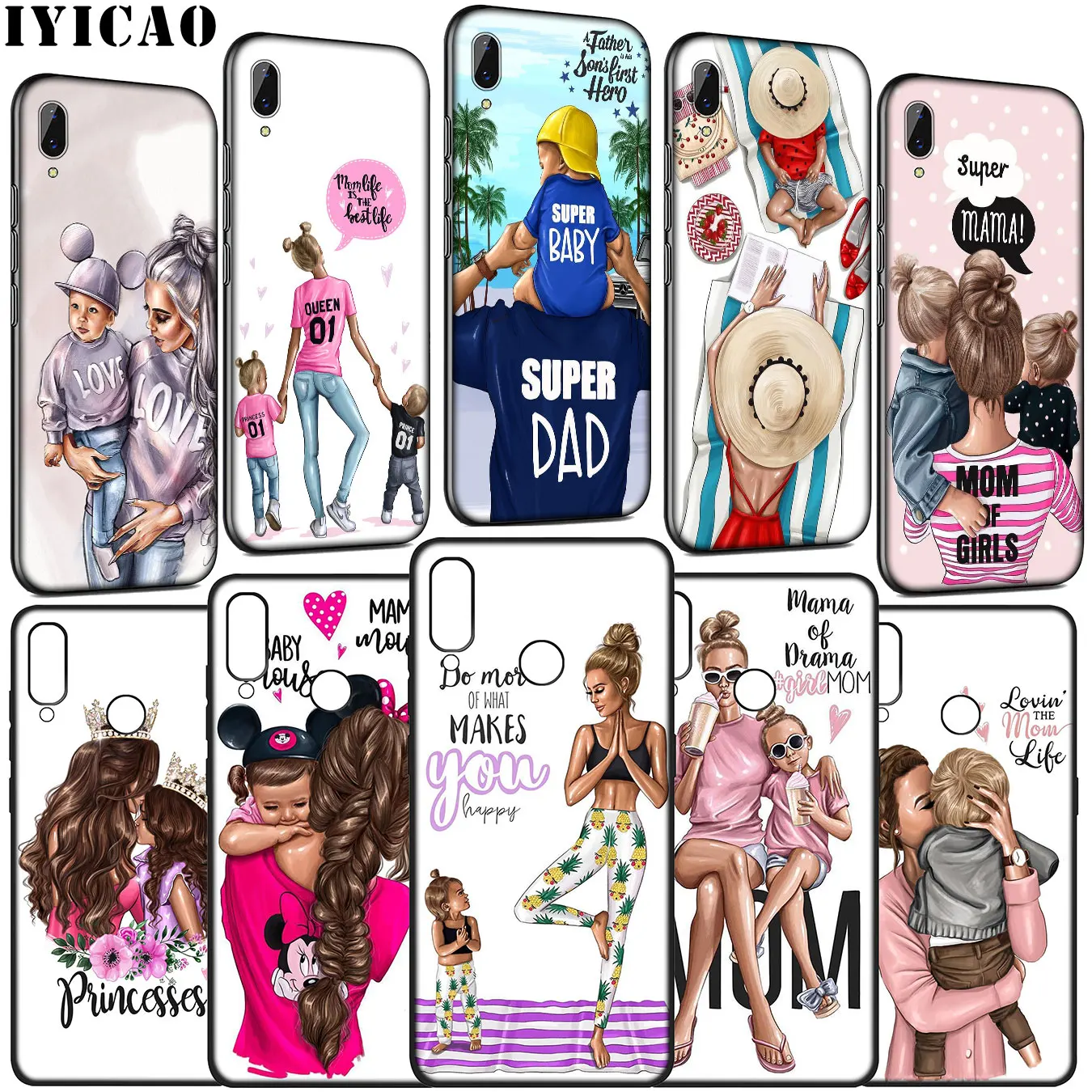Black Brown Hair princess Baby Mom Girl Soft Case for Huawei Y9 Y7 Y6 Prime 2019 Honor 20 10 9 9X 8C 8X 8 Lite 7C 7X 7A Pro |