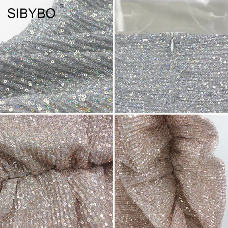 SIBYBO оборками и блестками без бретелек пикантные вечерние платье с открытыми плечами без рукавов Летнее женское платье с низким вырезом на спине мини пляжные повседневные платья