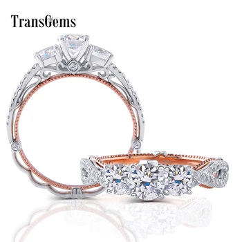 

Transgems 14K 585 White And Rose Gold Center 4.3mm- 5mm-4.3mm F Color Round Moissanite 3 Stone Engagement Ring for Women Gifts