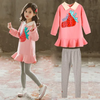 

Teenage Girls Clothes kids Autumn Pink Sweatshirt Leggings 2 pieces Strawberry Clothing set Girls printed Outfits Sport Suit