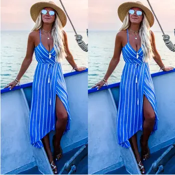 

Fashion Trend Women Boho Dress Ladies V-neck Striped Split Party Beach Irregular Holiday Belt Dress Sundress