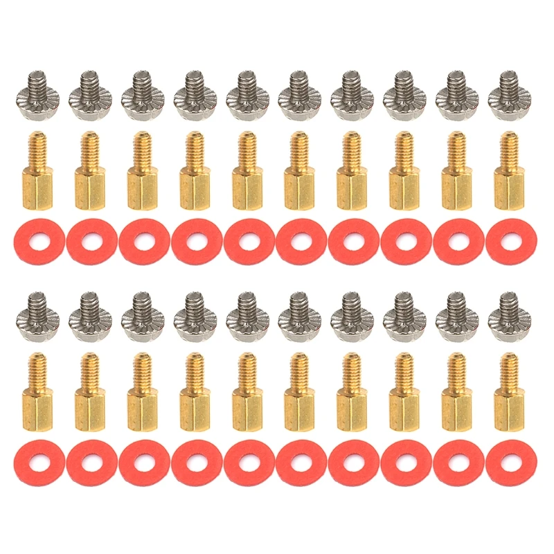 Set of 20 Golden Motherboard Risers with Screws, Red Washers, and Gaskets (6.5mm, 6-32-M3) Description Image.This Product Can Be Found With The Tag Names Computer motherboard hardware, Computer motherboard riser screws washers, Red washers screws motherboard, Us pc hardwares