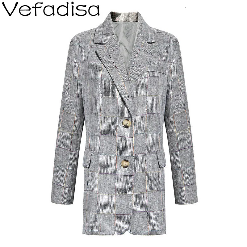 Vefadisa Sequins Plaid Suit Coat Woman 2019 Autumn Winter Pockets Single Breasted Office Lady Slim Female QYF1195 |