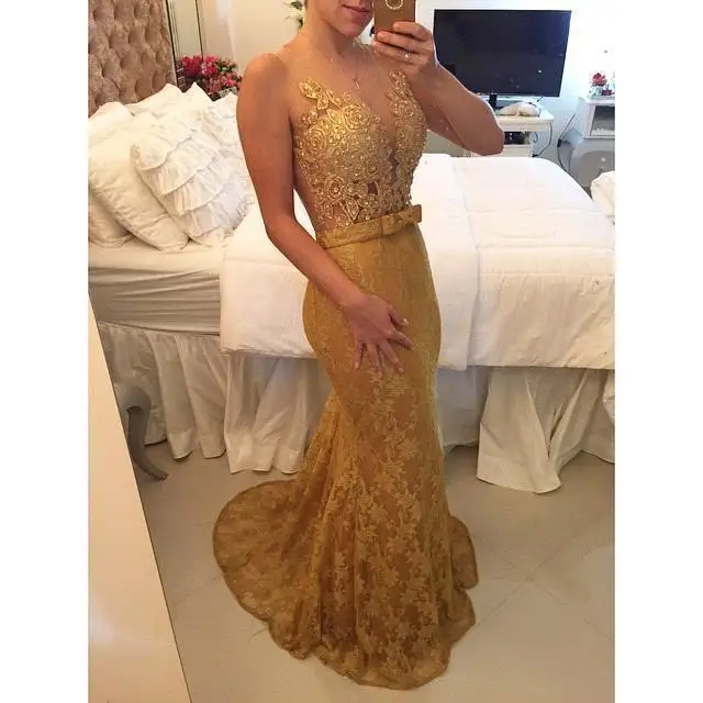 

Golden Mermaid Evening Appliques Bow Knot Sashes Tulle Floor Length Party Prom Formal Gown Custom mother of the bride dresses