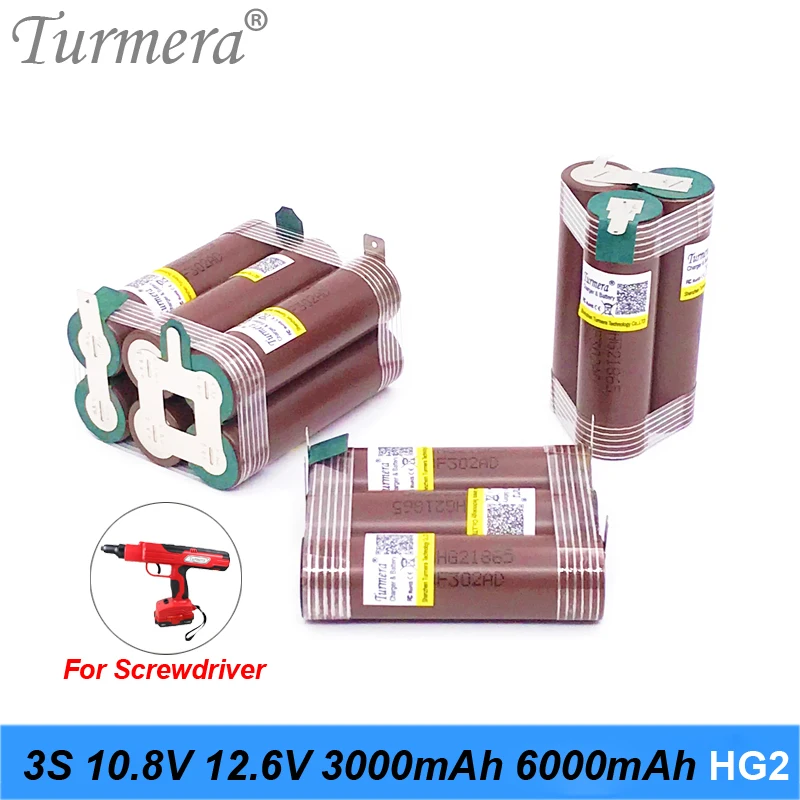 Turmera 3S 10.8V 12.6V 18650 HG2 3000mAh 6000mAh Lithium Battery 30A Soldering Strip for Screwdriver Battery Shurika Customize