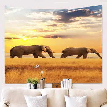

African Grassland Elephant Evening Sunset Prints Tapestry Hanging Living Printing Wall Tapestry Wall Hanging Decor Tapestry