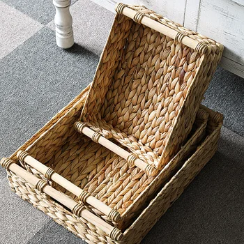 

Straw woven storage basket with wooden handle towel slippers sorting storage basket