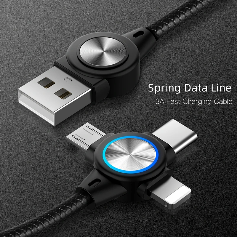

Micro Cable 3in1 8Pin Cable 3A Fast Charging Retractable Spring Charging Cable Data Synchronization Data Cord for Huawei Samsung