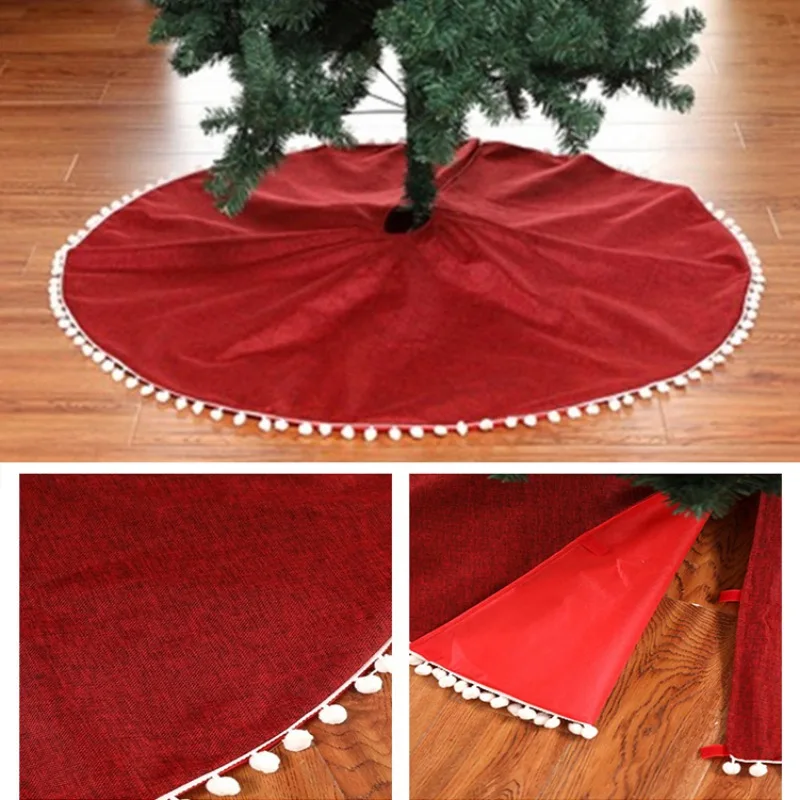 

48-Inch Christmas Tree Skirt With White Pom Pom Ball Soft Linen Cloth Invisible Nylon Clasp Party Xmas Tree Decoration