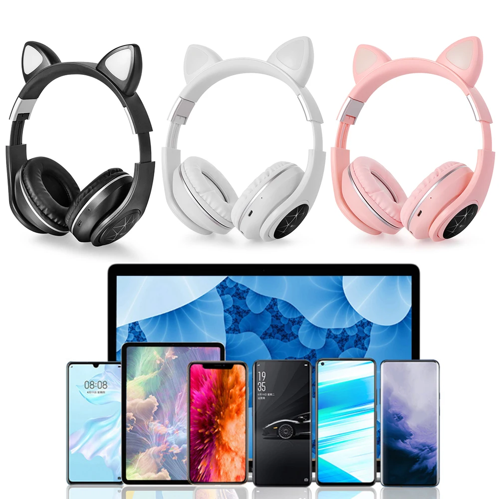 New Arrival LED Light Kawaii Cat Ear Rabbit Ear Noise Cancelling Bluetooth Wireless Headphones w Mic For Kids Girls