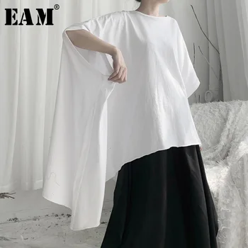 

[EAM] Women White Asymmetrical Big Size Oversized T-shirt New Round Neck Half Sleeve Fashion Tide Spring Autumn 2020 19A-a644
