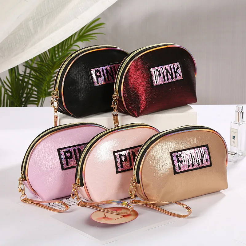 

Pink Cosmetic Bag with Sequins, Laser Travel Organizer, Vanity Bag with Letters, Holographic Makeup Bag for PU Storage XH11
