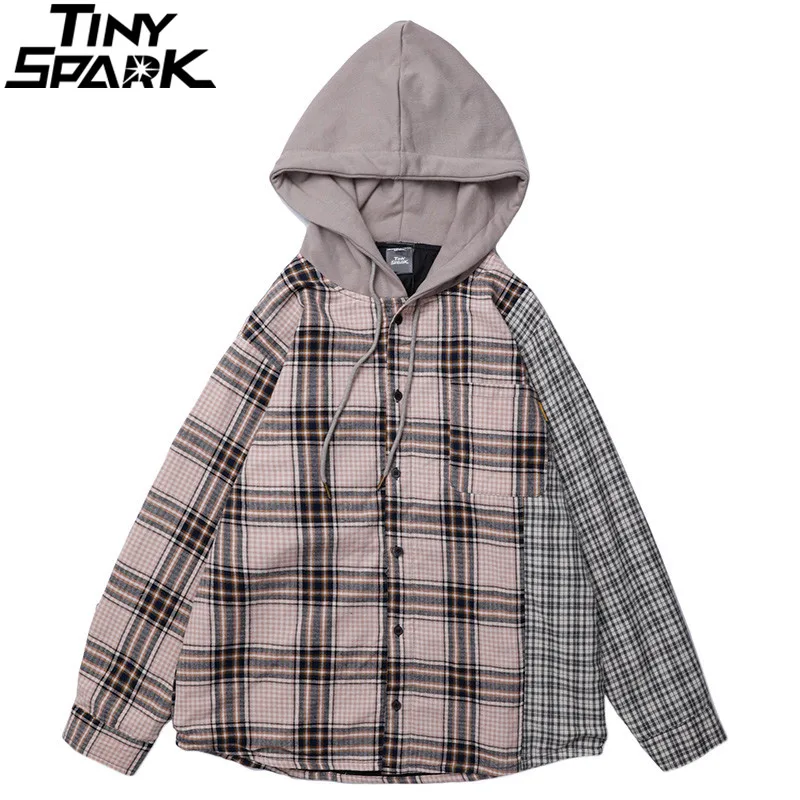 Men Hip Hop Hooded Jacket Vintage Plaid Patchowrk Harajuku Jacket Hoodie Color Block Streetwear Jackets Retro Style Autumn