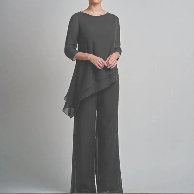 

Chiffon Mother of the Bride Dresses Elegant Grey Half Sleeves 2019 Pantsuit 2 Pieces Plus Size Wedding Party Guest Gown