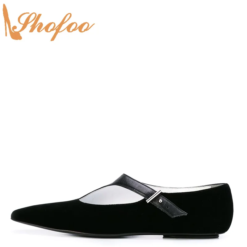 

Black Asymmetry Flock Flats Woman Square Toe Buckle Large Size 12 15 Ladies Summer Formal Casual Footwear Fashion Shoes Shofoo