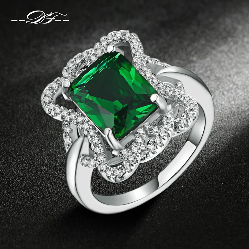 Double Fair Silver Color Princess Cut Big Green Crystal Rings Retro Style Fashion Unique Jewelry For Women Gift HotSale DFR496 | Украшения