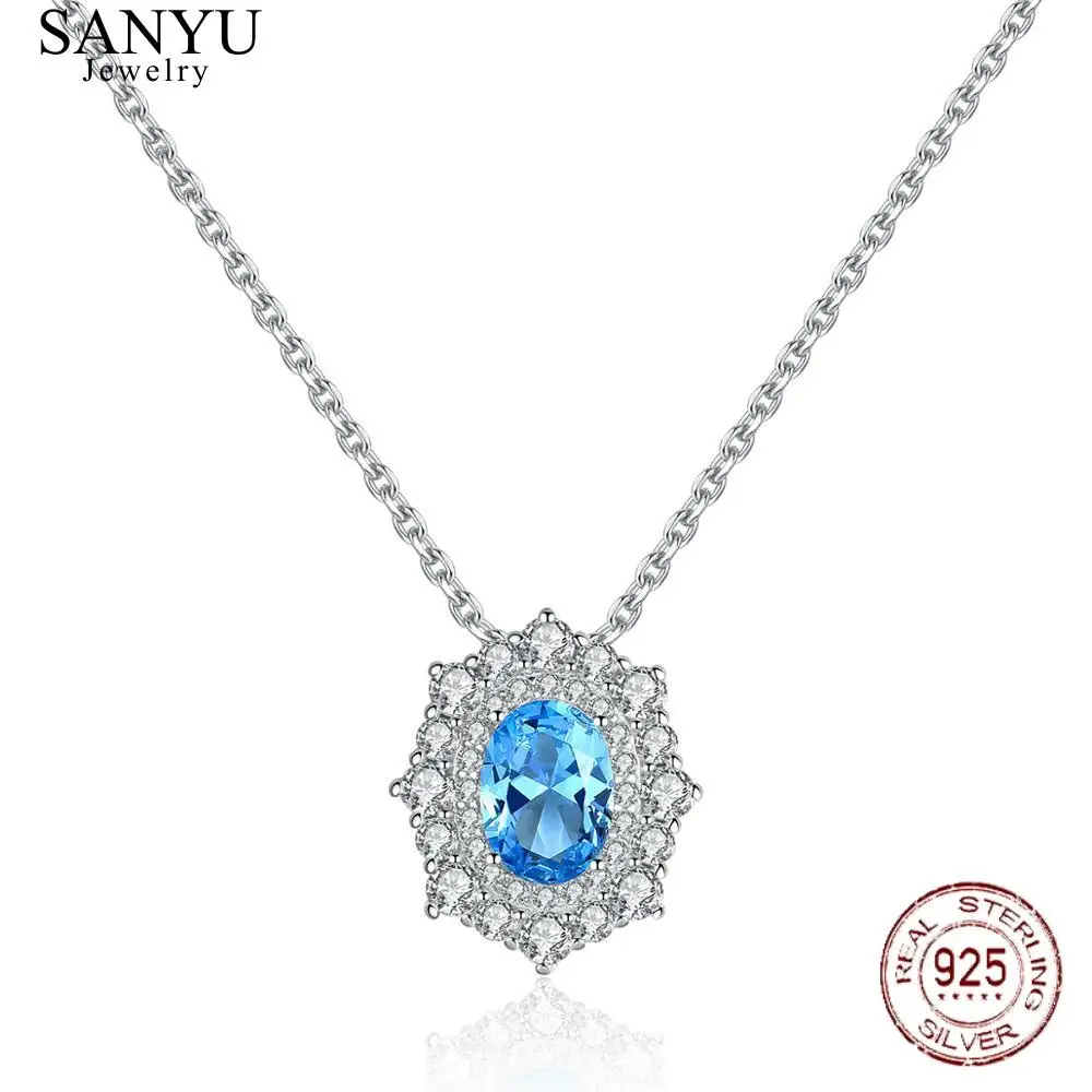 

SANYU Blue Topaz Oval Design Pendant Necklaces Solid Sterling 925 Sterling Silver Necklace For Women Fine Jewelry Colar Feminino
