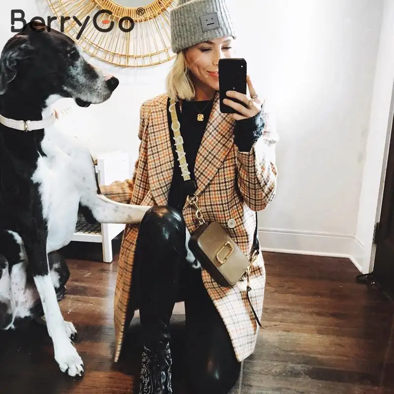 BerryGo, элегантные офисные женские клетчатые блейзеры, пальто для женщин, повседневные осенне-зимние куртки с длинным рукавом, пуговицами, карманами, женские блейзеры