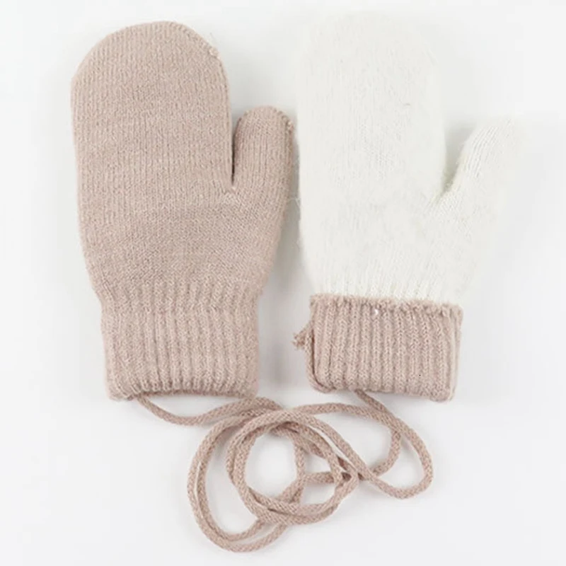1 пара новых зимних хлопковых теплых детских вязаных перчаток, одноцветные, с веревочкой, для новорожденных мальчиков и девочек, варежки, перчатки, Детская мода