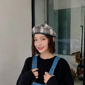 

Four seasonsTemperament Plaid hat girl Beret thin breathable British retro painter hat Japanese versatile pumpkin hat
