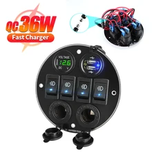 4 Gang Rocker Switch Panel Fast Charging Dual USB  Port QC Charger Cigarette Lighter type c for Phone Waterproof Voltmeter 12V