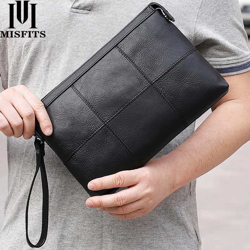

MISFITS genuine leather men day clutches with credit card holder casual clutch bag large wallet wristlet handbag for 9.7in iPad