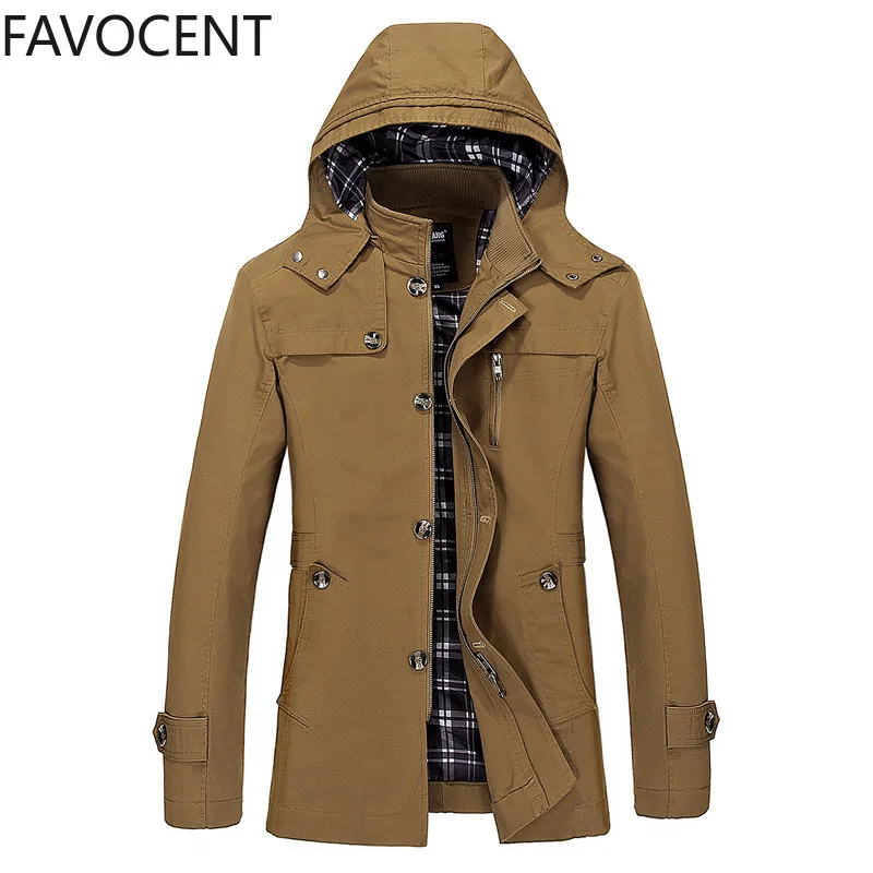 Spring and Autumn New Men's Large Size Trench Coat Korean Version of The Slim Long Men's Hooded Coat Thick Cotton