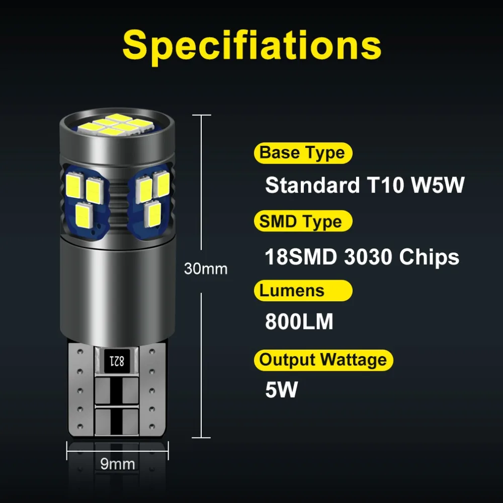 1 шт. T10 W5W 18SMD 3030 чипы Светодиодные лампы 168 194 светильник для чтения в салоне автомобиля 800LM Клин боковой номерной знак лампа 6000K Авто Лампа