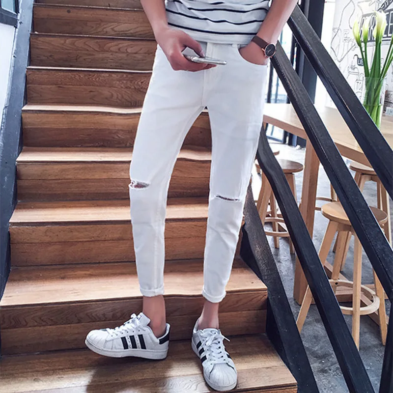 2022 Wholesale Teenagers Street Men's Ankle Length Jeans Boy Ripped Holes Slim Feet Summer Youth Pants Trendy Pencil Pants