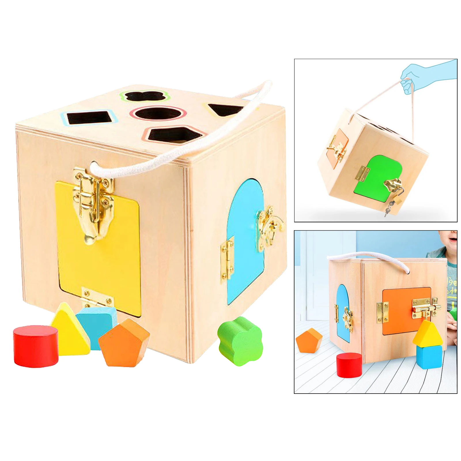 Wooden Lock Box 4 Different Locks Mechanisms Puzzle Game Matching Game for Toddler Kids