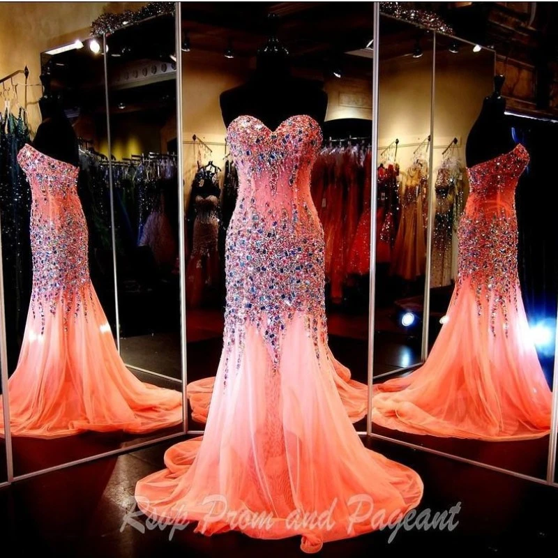 Coral Rhinestone Prom Dresses
