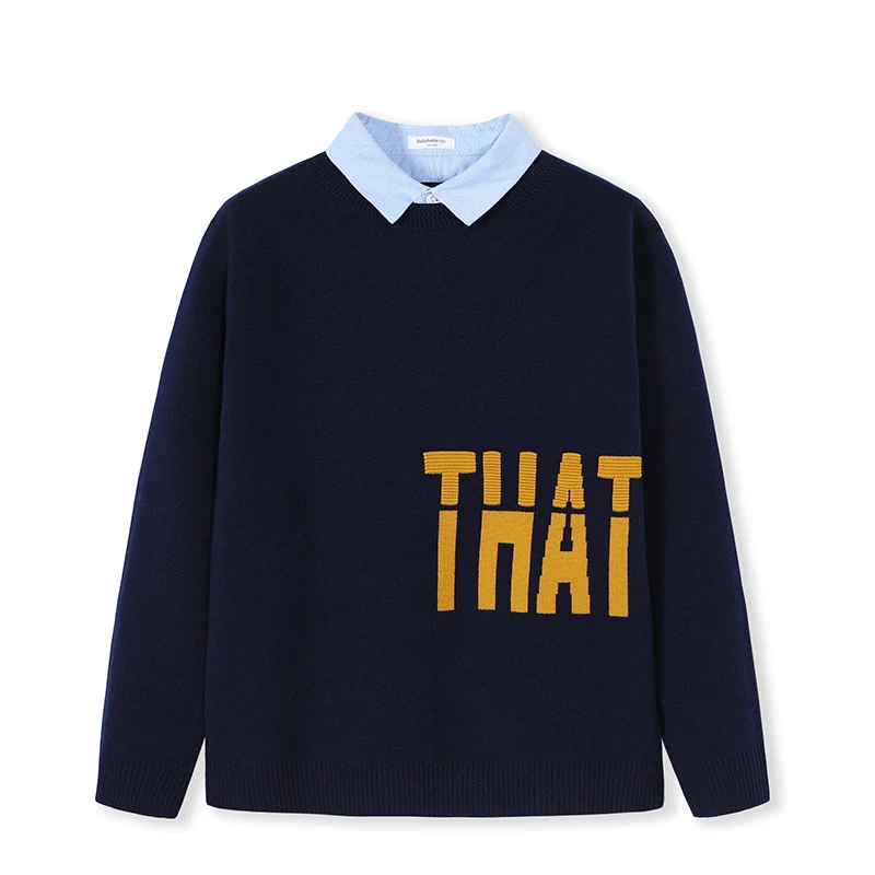 Balabala Children's clothing sweater boys new autumn and winter children sweaters fashion fake two pieces tide - Цвет: Deep blue