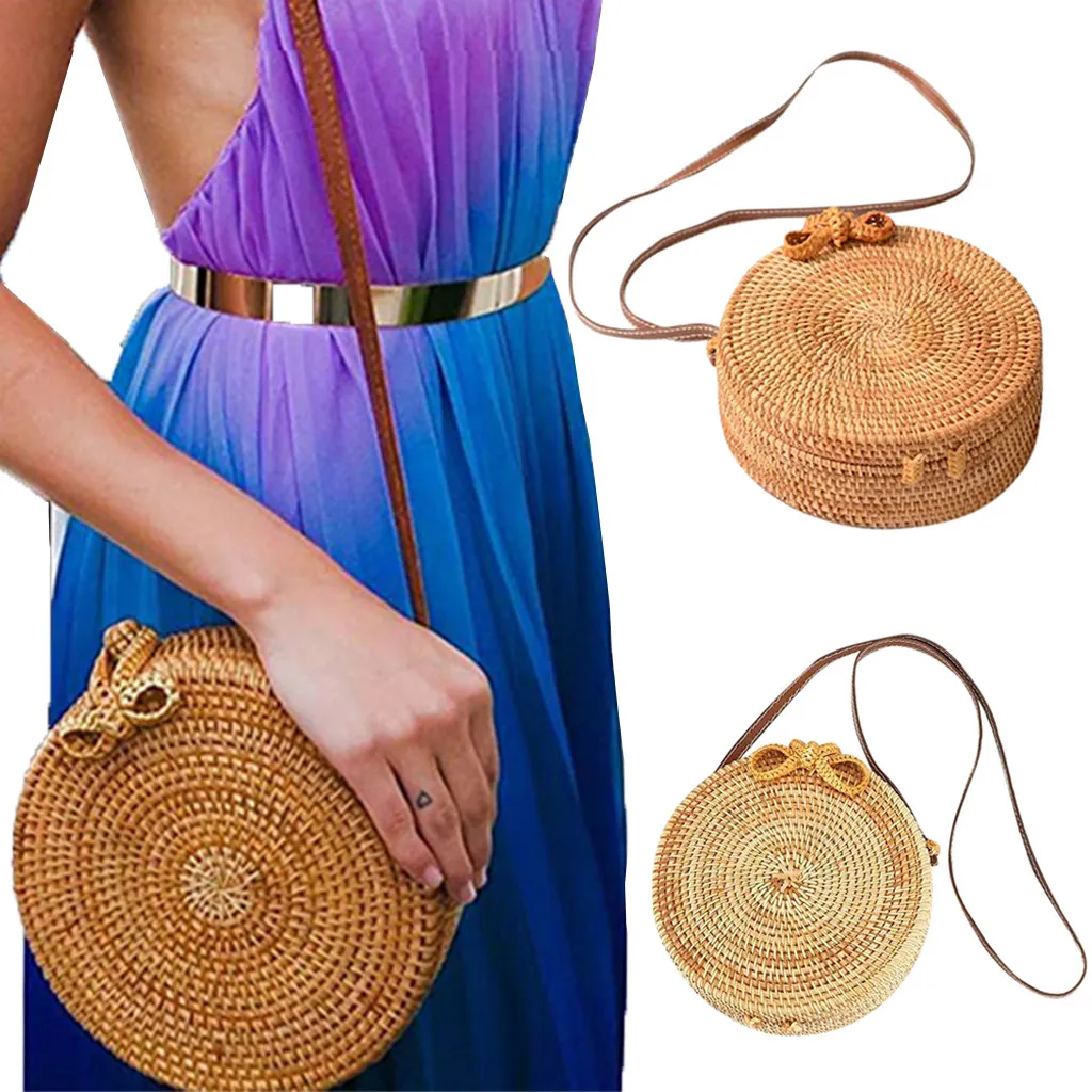 

35#Vintage Handmade Women Rattan Bag Straw Woven Shoulder Bags Bow Holiday Beach Bohemia Crossbody Bag Messengers Handbag