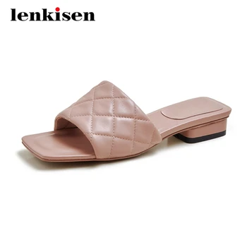 

Lenkisen new arrival leisure high quality gingham square toe low square heels beauty lady daily wear slip on summer slipper L52