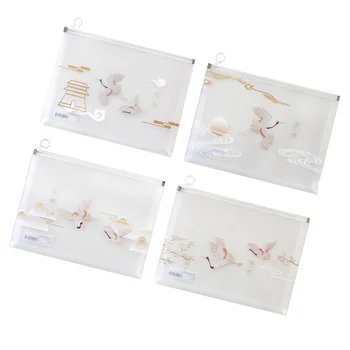

4pcs Zipper File Bags Storage Case Portable Pencil Case Transparent File Pockets Student Stationery Holder for Office (Crane Pat
