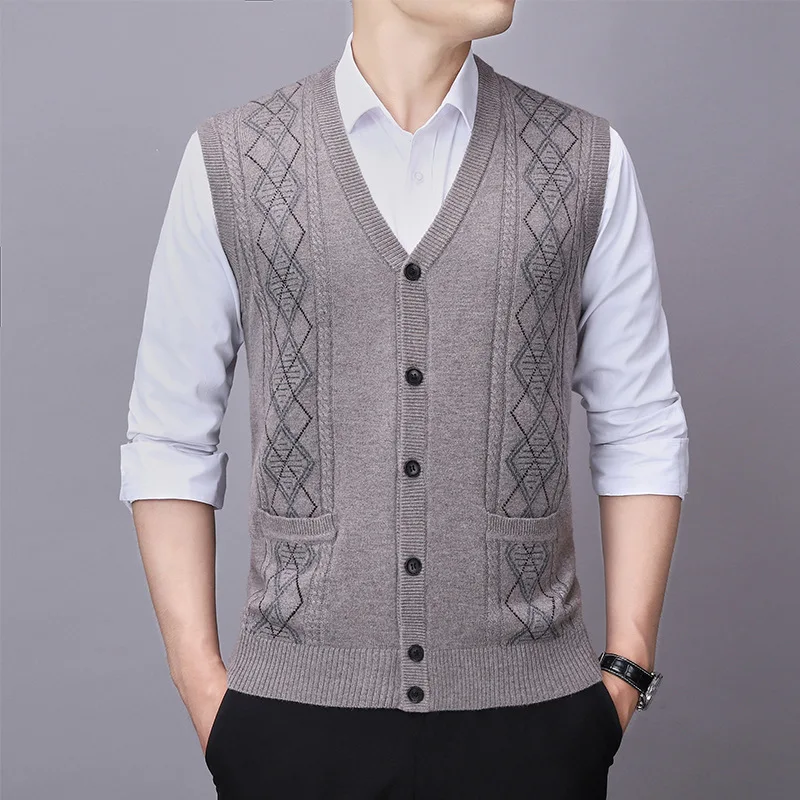 Sweater Vest Men 2021 New Fashion Elderly Wool Vest Mens Cardigan Jacquard Sweater Thick Sweater Vest Mens Clothing