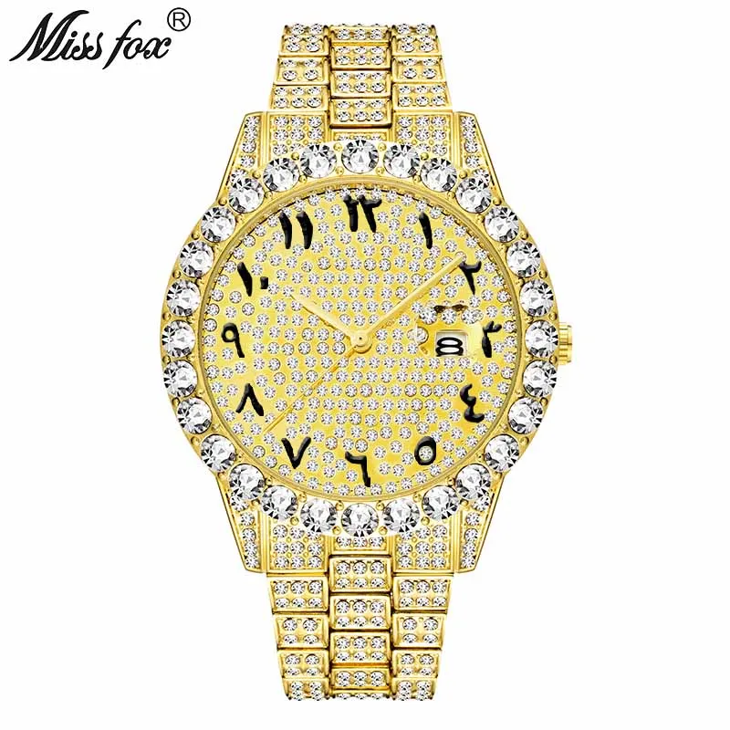 2643A-1 MissFox арабские цифры мужские s часы лучший бренд класса люкс rolexable_часы мужские 18 К золото большой алмаз Xfcs классические мужские часы со льдом - Цвет: 2643A-1