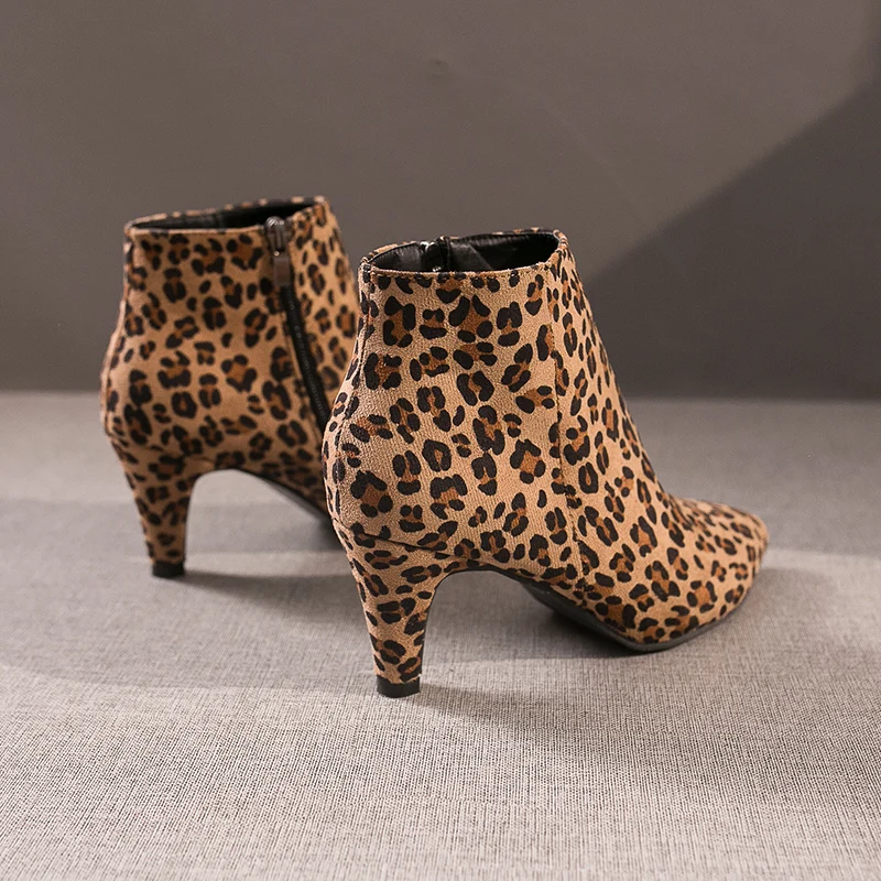 Plus Size 35-43 New Women Soft Wild Ankle Boots Autumn Crazy Leopard Zipper Shoes Woman High Heels Female Casual Jeans Boot