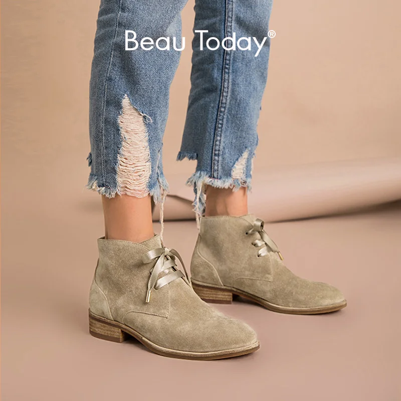 Womens Boots High-Tops Beautoday Flat-Shoes Suede Ankle-Length Trendy Genuine-Cow-Leather