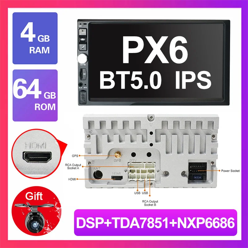 P13 4G 64G PX6 DSP Eunavi 2 Din 7 ''Восьмиядерный Универсальный Android 9,0 4 Гб ram автомобильный Радио Стерео gps навигация WiFi 1024*600 сенсорный экран 2din без DVD - Цвет: P13 4G 64G PX6 DSP