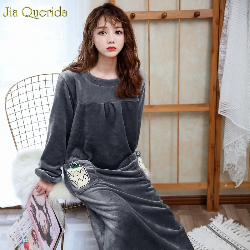 New Sleep Wear Long Sleeve Nightgown Loose Size Korean Nightwear Winter Sleep Dress Flannel Cute Pineapple Ruffle Hem Woman Gown