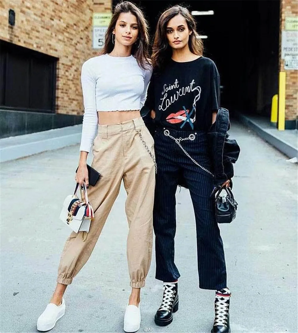 

Pants Women High Waist Solid Color England Style Harem Pants With Chain Hip Hop Fashion Trousers