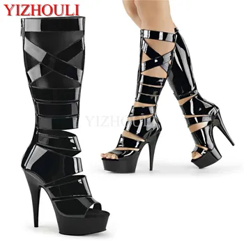 

15 cm party stiletto boots, sexy high heels, cross-lace-up vamp shoes, 6 inch high boot for fashionable female models