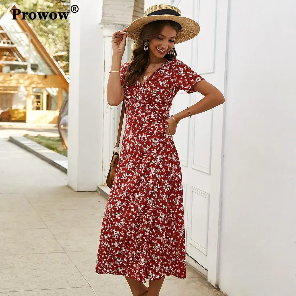 

Prowow Floral Chiffon Dress Women V-neck Slim Midi Wrap Dresses Ladies Flower Printed Spring Summer Dress 2020 New Arrival