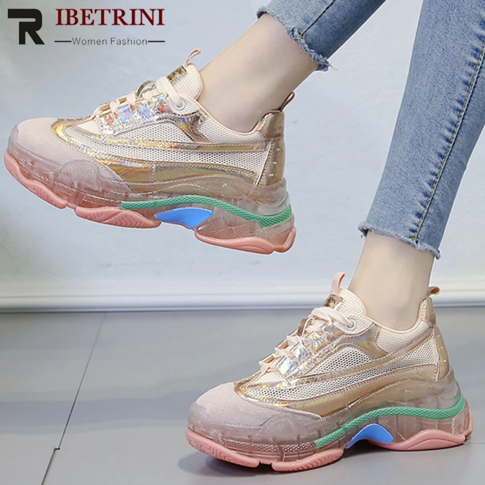 

RIBETRINI women's Sneakers Shoes Woman Fashion Flat Platform Crystal Heels Shoes Woman Lace Up Leisure Shoes Woman